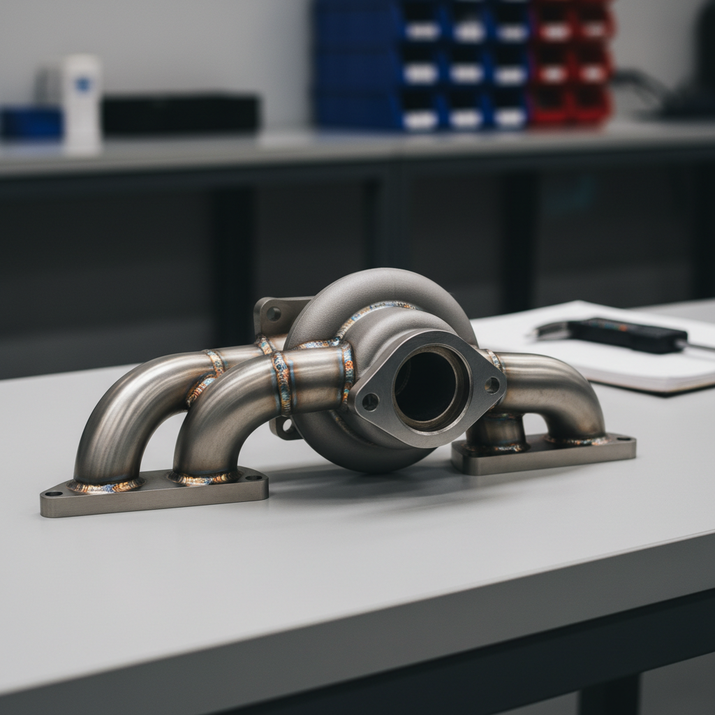 A close-up, photographic view of a high-performance turbo manifold mounted on a pristine, light gray workbench. The manifold’s smooth, satin-finished stainless-steel runners twist gracefully into a compact collector, every TIG weld perfectly stacked and consistent. A neutral-toned, blurred background reveals a tidy fabrication bay with labeled shelves and a digital caliper resting nearby. Soft, controlled studio lighting from the upper left highlights the curvature of the pipes and catches subtle heat-tint blues and ambers, while creating delicate shadows beneath. Shot with a shallow depth of field and rule-of-thirds composition, the mood is technical, modern, and confident, emphasizing craftsmanship and precision for an automotive performance brand.