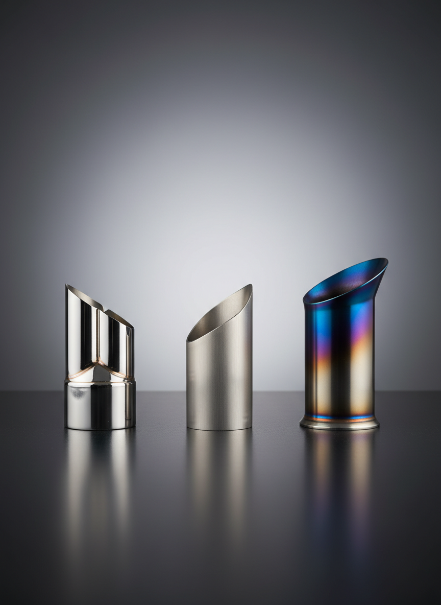 An elegant, photographic studio-style product shot of three different custom exhaust tips standing upright on a smooth, charcoal-colored surface: a mirror-polished dual-wall tip, a brushed slash-cut tip, and a burnt titanium-style tip with vivid blue and purple gradient at the edge. The background transitions from dark gray at the bottom to soft light gray at the top, creating a subtle gradient backdrop. Carefully controlled, diffused lighting from both sides adds clean, linear reflections and gentle shadows that separate each tip. Framed in a centered, symmetrical composition with moderate depth of field, the atmosphere is sleek, modern, and corporate, emphasizing premium materials, finish options, and attention to detail in performance exhaust design.