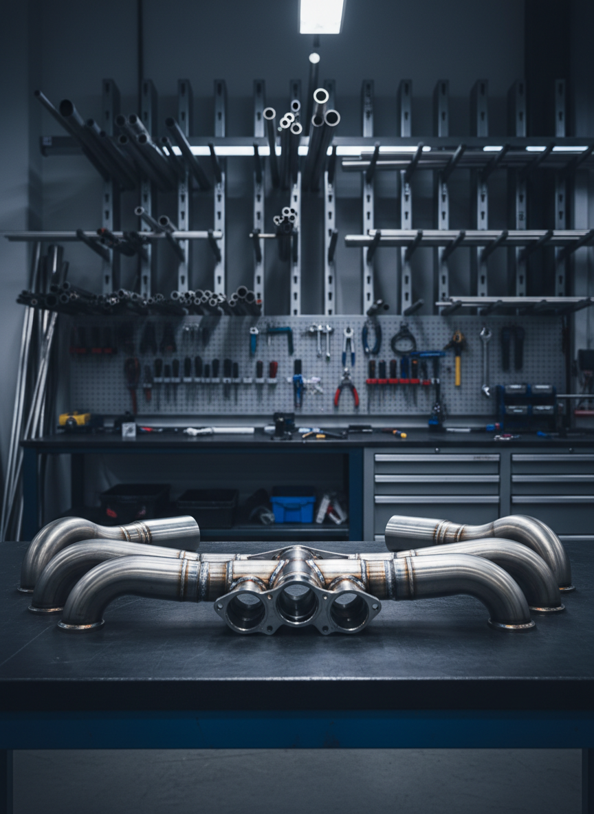 A meticulously fabricated stainless-steel performance exhaust system laid out on a dark, matte workshop table, each mandrel-bent pipe section aligned in a precise arc. The brushed metal surfaces show subtle weld coloration in blues and golds, with seamless TIG weld beads glinting softly. In the background, slightly out of focus, organized racks of raw tubing and neatly arranged tools create a structured industrial setting. Cool, diffused overhead studio lighting creates clean reflections along the tubing and gentle shadows that emphasize the geometry. Photographic realism, eye-level composition with a slight angle, sharp focus on the central collector, conveying precision engineering, professionalism, and a clean, corporate workshop atmosphere.