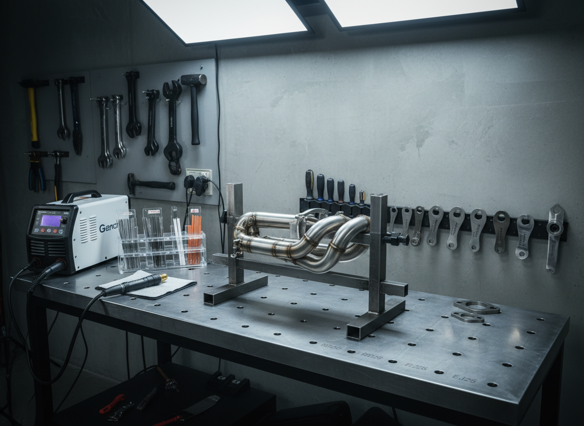 A neatly organized exhaust fabrication workstation featuring a heavy-duty steel welding table with a precision fixture jig securely holding curved stainless tubes in position for a manifold. Beside it sit a modern TIG welder, organized filler rods in a stand, and a row of labeled, CNC-cut flanges. The backdrop is a clean, neutral-toned shop wall with shadow-board outlines for tools, all in perfect order. Cool, diffused studio-style lighting from above and slightly behind the table creates soft highlights on the metal and defined edges on the fixtures. Shot from a slightly elevated angle with sharp focus throughout, the mood is disciplined, methodical, and highly professional, illustrating the structured process behind custom exhaust fabrication.