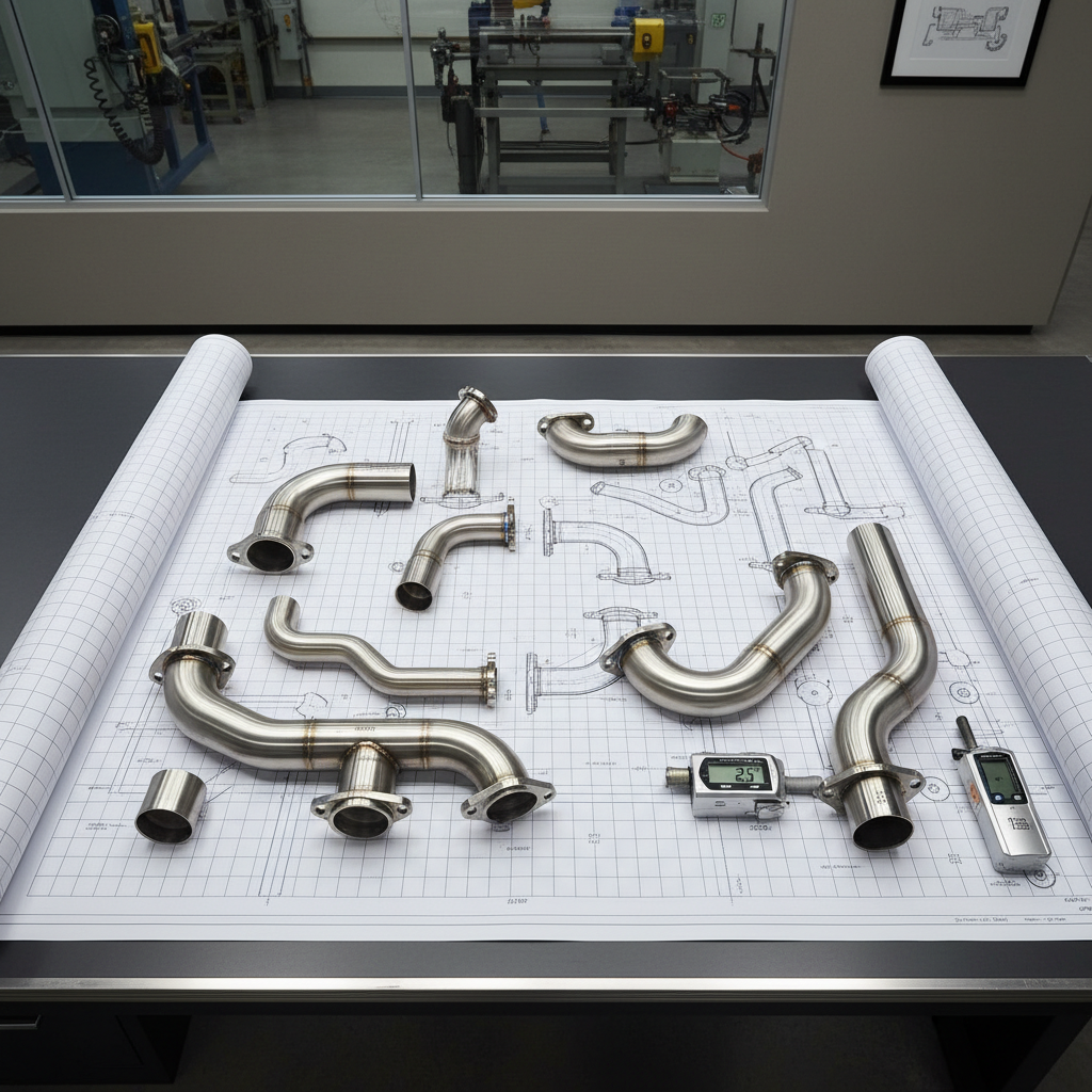 An overhead, photographic shot of a custom exhaust system blueprint spread across a smooth, dark graphite drafting table, with actual polished stainless bends and flanges precisely placed on top to match the drawing. Laser-etched part numbers are visible on the metal surfaces, and a digital angle finder rests beside the pipes. The environment is a clean engineering office adjacent to a fabrication shop, with muted walls and minimal decor. Cool, even studio lighting eliminates harsh shadows, creating a calm, analytical mood. The composition follows a structured layout, with the blueprint grids and pipe arcs forming clean lines and balanced geometry, highlighting the planning and design expertise behind high-performance exhaust fabrication.