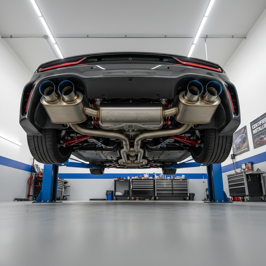 A detailed interior shot of a high-end performance car’s underbody on a lift, showcasing a fully installed custom exhaust system running in clean, parallel lines. The stainless pipes transition into a polished resonator and twin mufflers, all aligned with precise hangers and bracketry. The shop floor below is spotless, with neutral gray epoxy and neatly painted walls in the distance. Bright, even overhead LED lighting illuminates every component, casting minimal shadows and revealing the metal’s subtle reflections. Photographic realism from a low, forward-facing angle along the length of the exhaust creates a sense of depth and technical clarity, communicating reliability, engineering excellence, and a premium installation environment.