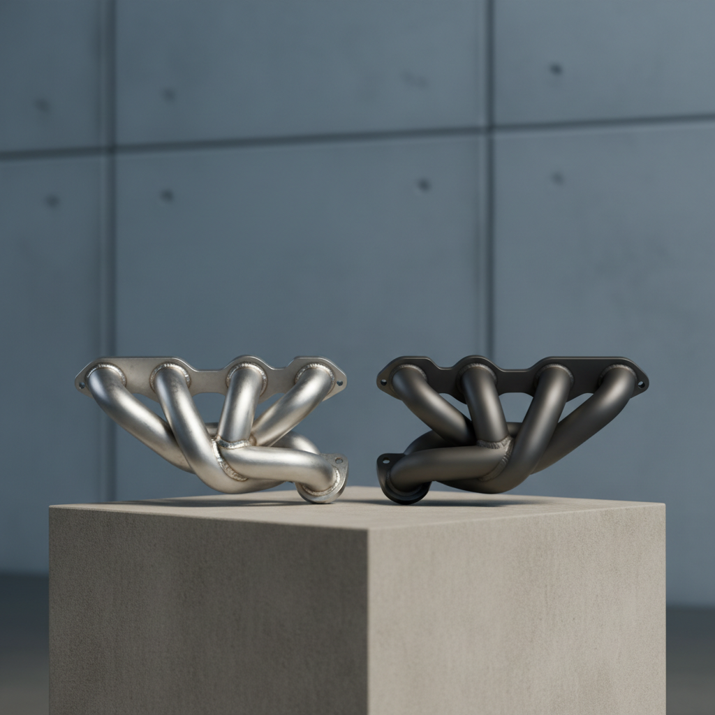 A pair of contrasting exhaust manifolds placed side by side on a neutral concrete pedestal: one raw, uncoated stainless-steel manifold with visible TIG welds, and one ceramic-coated, matte gunmetal manifold with a smooth, refined finish. The background is a minimalist, softly blurred industrial wall in cool gray tones, free of clutter. Directional softbox lighting from the right creates defined but gentle shadows and crisp highlights along the curves, emphasizing the difference in surface texture and finish. Captured at a slightly low angle with medium depth of field, the composition centers the manifolds symmetrically, conveying a professional, corporate product showcase that underscores material options and premium finishing services.